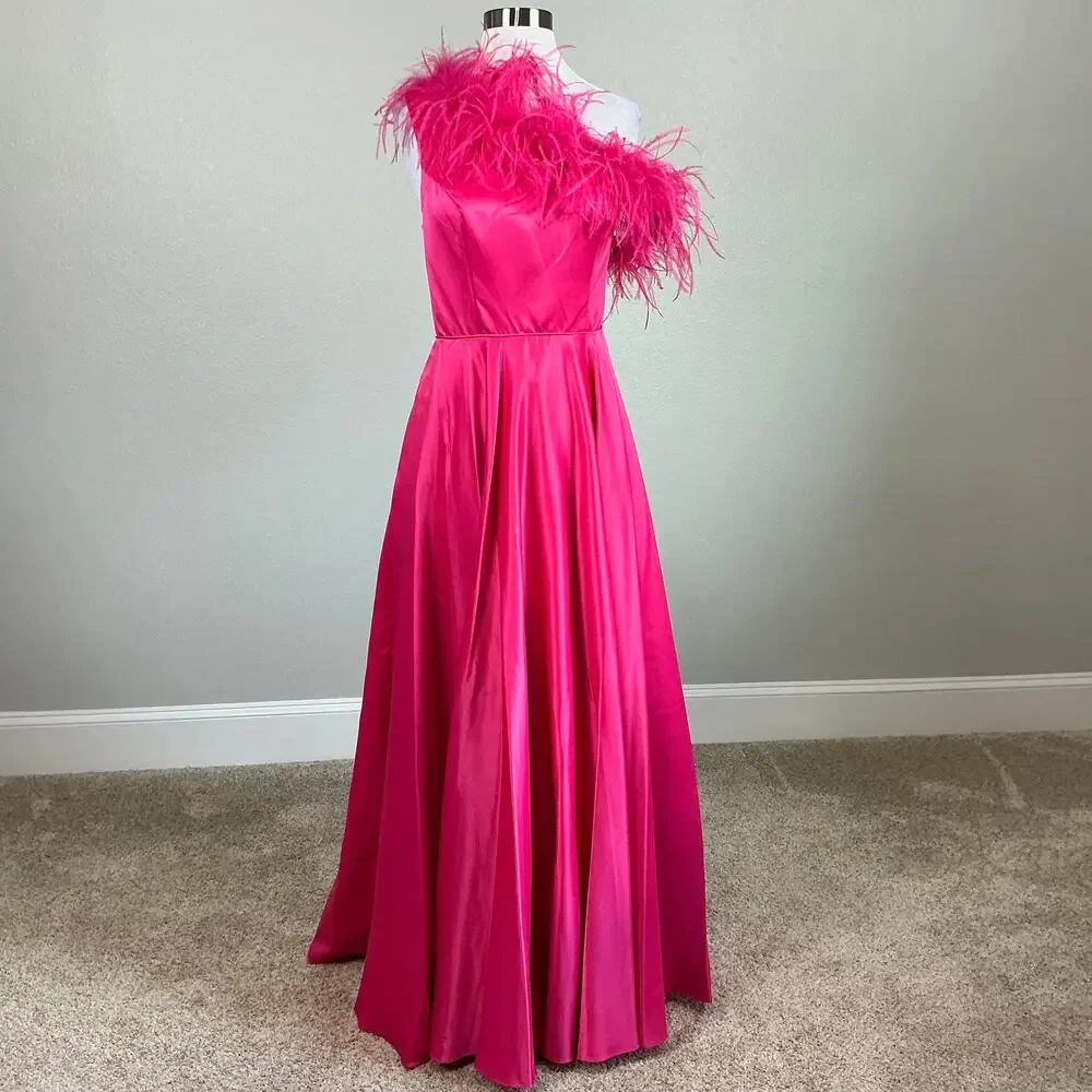 Mac Duggal 11684 Pink Evening Gown Satin One Shoulder Feather Trim Dress Size 4 - Picture 2 of 11